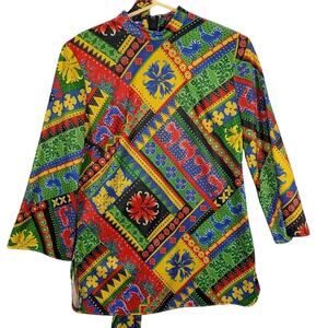 Vtg Sunny South Top Womens 14 Patchwork Multicolor 3/4 Sleeve Belt Boho Hippie